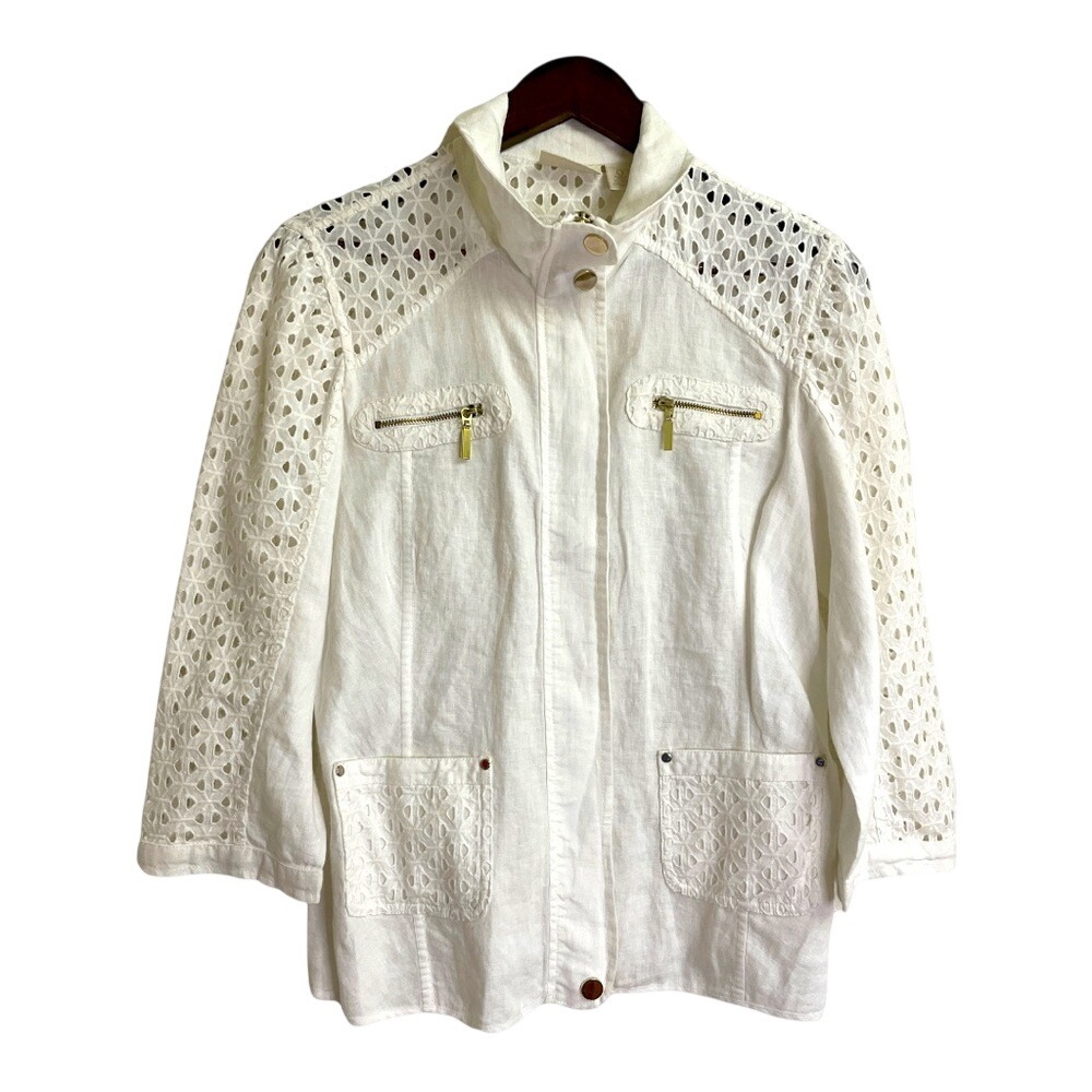 Chico's Linen Eyelet Jacket Women Size Small White Pockets - Picture 7 of 9